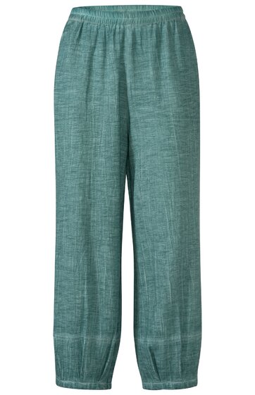 Locker geschnittene Damenhose in petrolgrün mit feinem Webmuster, elastischer Bund, gerade Beinlänge, Saum mit elastischem Abschluss