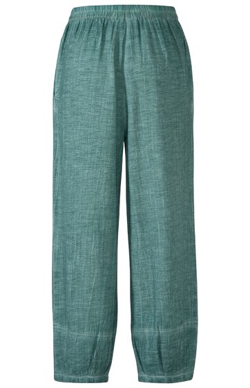 Grüne lockere Hose mit elastischem Bund, gerader Schnitt, ohne Muster, keine sichtbaren Taschen oder Reißverschlüsse