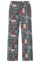 Hose mit geometrischem Muster in Schwarz, Beige, Türkis, Rot und Weiß, gerade geschnitten, gerader Beinverlauf, elastischer Bund, Muster aus Kreisen, Rechtecken, Zickzacklinien