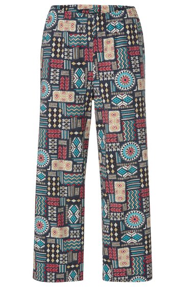 Hose mit geometrischem Muster in Schwarz, Beige, Türkis, Rot und Weiß, gerade geschnitten, gerader Beinverlauf, elastischer Bund, Muster aus Kreisen, Rechtecken, Zickzacklinien
