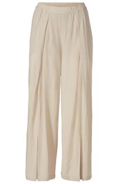 Beige weite Hose mit hohem Bund, elastischem Taillenbund, vertikalen Abnähern vorne, lange hüftbedeckende Länge, glatt fallender Stoff