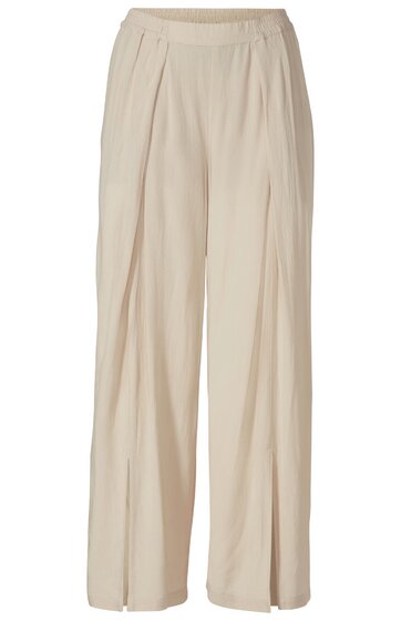 Beige weite Hose mit hohem Bund, elastischem Taillenbund, vertikalen Abnähern vorne, lange hüftbedeckende Länge, glatt fallender Stoff