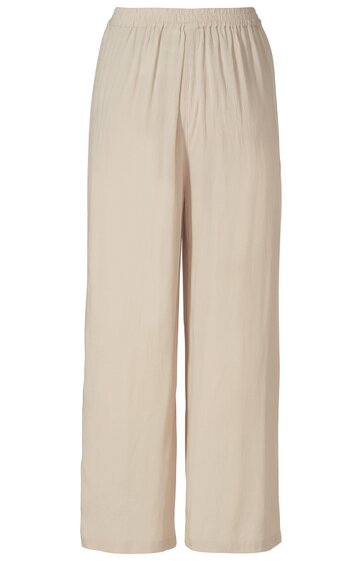 Beige, weite Hose ohne Muster, elastischer Bund, gerades Bein, knöchellang, keine weiteren Verzierungen