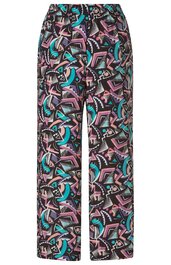 Lässige Hose in Schwarz mit abstraktem Muster in Pink und Türkis, gerader Schnitt, elastischer Bund, durchgehendes Design, gerade geschnitten