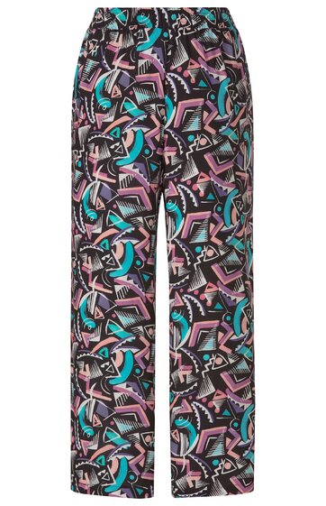 Lässige Hose in Schwarz mit abstraktem Muster in Pink und Türkis, gerader Schnitt, elastischer Bund, durchgehendes Design, gerade geschnitten