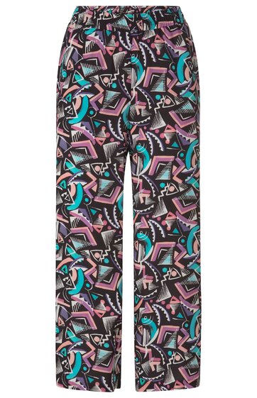 Hose in Schwarz mit abstraktem Muster in Türkis und Rosa, gerade geschnitten, elastischer Bund, bequemer Schnitt