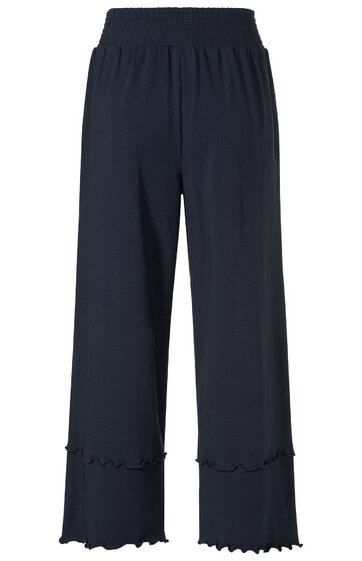 Dunkelblaue Damenhose mit weitem Bein, elastischem Bund, unterem Saum mit Volants, knöchellang