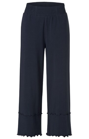 Dunkelblaue Damenhose, locker, gerade geschnitten, elastischer Bund, Saum mit Rüschen und welligem Abschluss