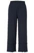 Dunkelblaue Damenhose, locker, gerade geschnitten, elastischer Bund, Saum mit Rüschen und welligem Abschluss