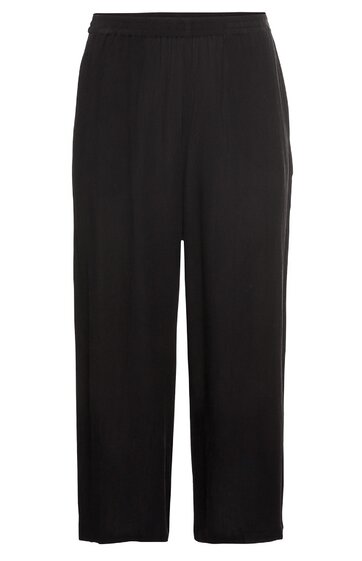 Schwarze, gerade geschnittene Hose mit Gummibund, ohne sichtbare Taschen oder Verzierungen, knöchellang, schlichtes Design