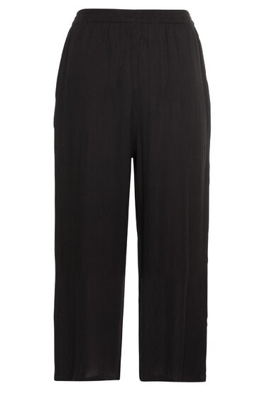 Schwarze, gerade geschnittene Damenhose, elastischer Bund, ohne sichtbare Verschlüsse, knöchellang, schlichtes Design