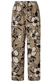 Bequeme Hose in hellbraun mit großem, weißem Blumenmuster, elastischer Bund, gerade geschnitten, ohne sichtbare Taschen