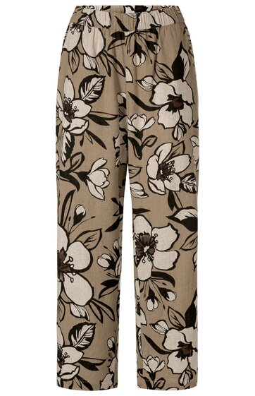 Bequeme Hose in hellbraun mit großem, weißem Blumenmuster, elastischer Bund, gerade geschnitten, ohne sichtbare Taschen