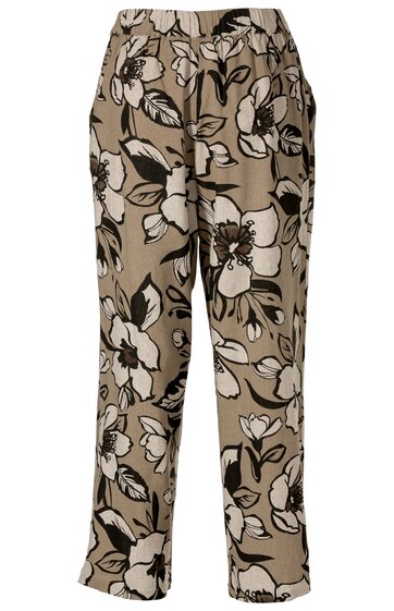 Bequeme Hose in beige mit großem schwarz-weißem Blumenmuster, elastischer Bund, seitliche Eingrifftaschen, gerade geschnittene Beine