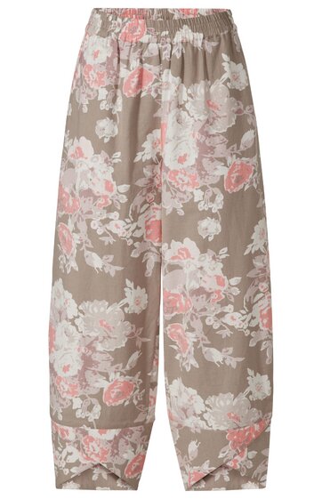 Weite Stoffhose in taupe mit großem mehrfarbigem Blumenmuster, elastischer Bund, gerades Bein, breite Umschlagbündchen unten