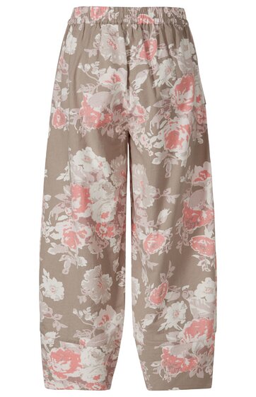 Hose in taupe mit rosa und weißen Blumenmuster, elastischer Bund, weite Beine, niedriger Beinabschluss