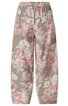 Hose in taupe mit rosa und weißen Blumenmuster, elastischer Bund, weite Beine, niedriger Beinabschluss