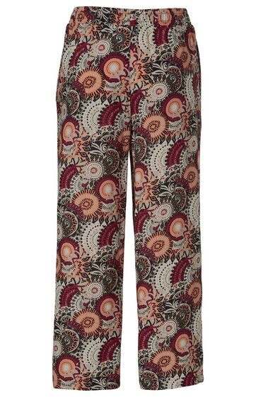 Weite Hose in Beige und Burgunderrot, Paisley-Muster mit floralen und geometrischen Formen, elastischer Bund, gerade geschnitten, hüfthoch