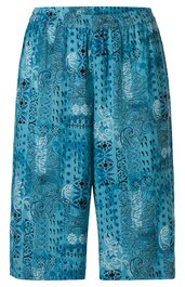 Bermuda-Shorts in türkis mit abstraktem Muster aus Paisley- und geometrischen Formen, elastischer Bund, weite Passform, knielang