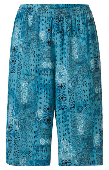 Bermuda-Shorts in türkis mit abstraktem Muster aus Paisley- und geometrischen Formen, elastischer Bund, weite Passform, knielang