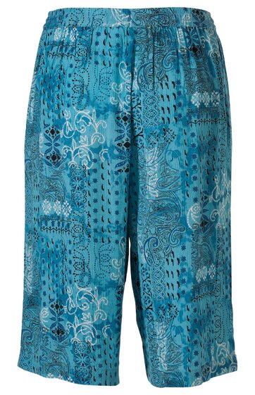 Bermudashorts, türkisblau mit dunkelblauem und weißem abstraktem Muster, elastischer Bund, knielange gerade Form