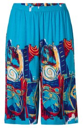 Weite Caprihose in Türkis mit buntem abstraktem Muster in Rot, Gelb, Weiß und Dunkelblau, elastischer Bund, knielang, lockere Form