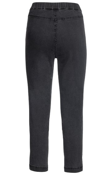 Kinderjeans in Dunkelgrau, gerade geschnitten, elastischer Bund, auflinker und rechter Seitennaht je eine Einschubtasche, keine sichtbaren Verschlüsse