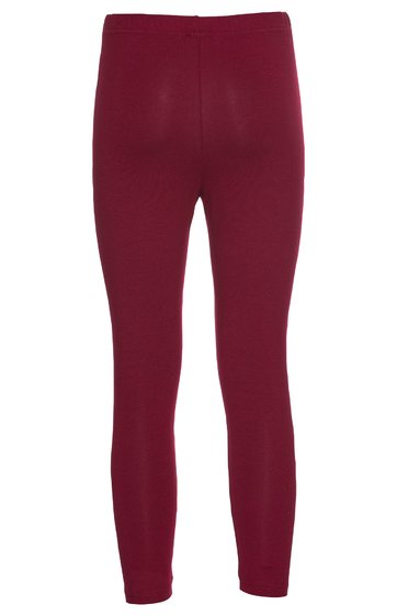 Dunkelrote Leggings ohne Muster, eng anliegend, hoher Bund, durchgehende Beinlänge, vorne glatt, ohne sichtbare Verschlüsse oder Taschen