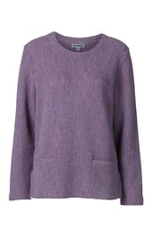 Lila Langarmshirt ohne Muster, Rundhalsausschnitt, gerade geschnitten, zwei aufgesetzte Taschen vorne, lockere Passform