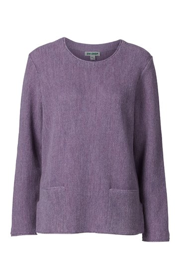 Lila Langarmshirt ohne Muster, Rundhalsausschnitt, gerade geschnitten, zwei aufgesetzte Taschen vorne, lockere Passform
