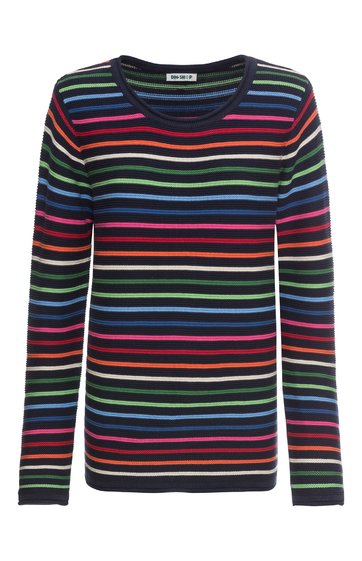 Langärmeliger Pullover in Dunkelblau mit horizontalen Streifen in Rot, Hellblau, Grün, Lila und Orange, Rundhalsausschnitt, gerade Passform