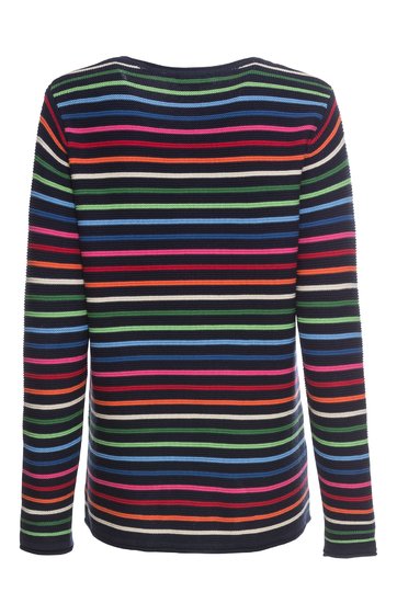 Langärmliges Shirt in Dunkelblau mit horizontalen Streifen in Rot, Hellgrün, Hellblau und Orange, Rundhalsausschnitt, gerade geschnitten