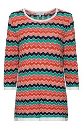 Langärmliges Shirt in Korallenrot, Dunkelgrün, Türkis und Schwarz mit Zickzack-Muster, Rundhalsausschnitt, gerade geschnitten