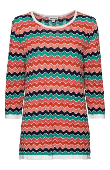 Langärmliges Shirt in Korallenrot, Dunkelgrün, Türkis und Schwarz mit Zickzack-Muster, Rundhalsausschnitt, gerade geschnitten