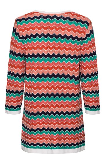 Langärmeliges Damenoberteil in Korallenrot, Smaragdgrün und Dunkelblau mit Zickzackmuster, Rundhalsausschnitt, gerade geschnitten, locker sitzend