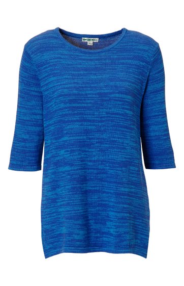 Damenpullover in Blautönen, meliertes Strickmuster, Rundhalsausschnitt, 3/4-Ärmel, locker geschnitten