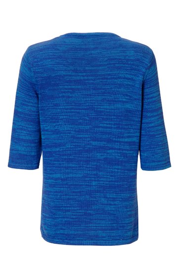 Blaues Oberteil mit halblangen Ärmeln, unifarben mit meliertem Muster, rundem Halsausschnitt, gerade geschnitten