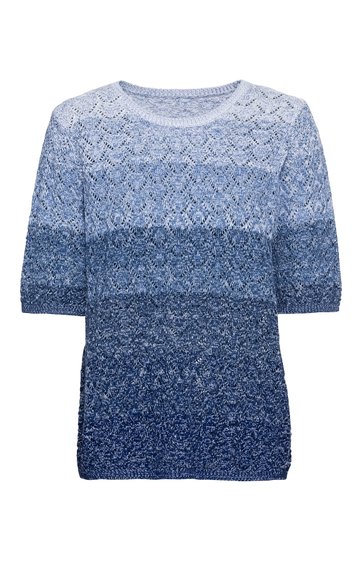 Pullover in Blautönen mit Farbverlauf, halblange Ärmel, Rundhalsausschnitt, strukturierte Strickmuster, gerade Form