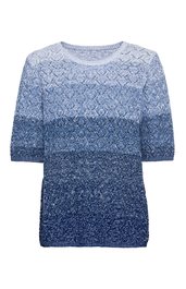 Pullover in Blautönen mit Farbverlauf, halblange Ärmel, Rundhalsausschnitt, strukturierte Strickmuster, gerade Form