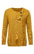 Senfgelber Pullover mit Rundhalsausschnitt, fein gerippten Ärmeln, asymmetrischem Verschluss mit zwei dunklen Zierknöpfen, durchgehend gestrickt, gerade geschnitten