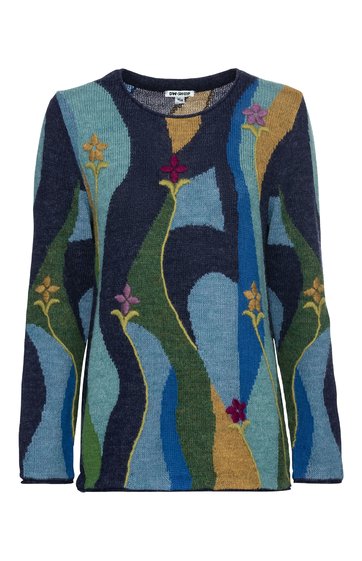 Langärmliger Pullover in Dunkelblau, Petrol, Hellblau und Ocker mit abstraktem Blumenmuster, Rundhalsausschnitt, gerade geschnitten