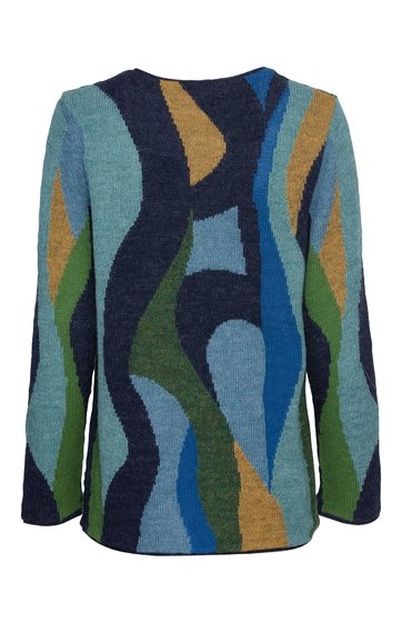 Langärmliger Pullover in Blautönen mit abstraktem Muster in Dunkelblau, Grün, Senfgelb und Türkis, Rundhalsausschnitt, gerade geschnitten