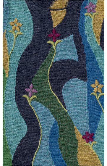 Teppich mit abstraktem, wellenförmigem Muster in Blau-, Grün-, Gelb- und Dunkelblau-Tönen, dekoriert mit kleinen roten, gelben und violetten Blumen, rechteckig, flachliegend