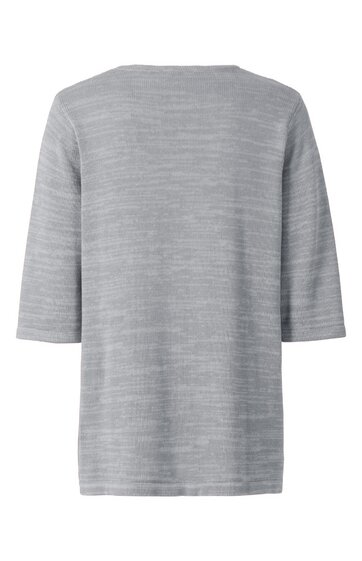 Hellgrauer Pullover mit feinem Streifenmuster, Rundhalsausschnitt, lange Ärmel, lockere gerade Form, Rückansicht