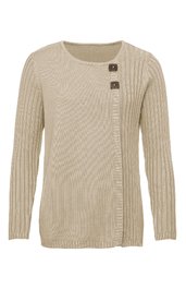 Beiger Damenpullover mit Rundhalsausschnitt, seitlicher Verzierung aus zwei dunklen Knöpfen, langärmlig, mit breiten Rippenstrickärmeln, gerade geschnittener Saum