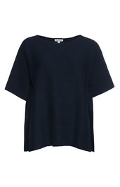 Damen-T-Shirt, dunkelblau, unifarben, kurze Ärmel, rundhals, gerade geschnitten, ohne sichtbare Verzierungen oder Muster