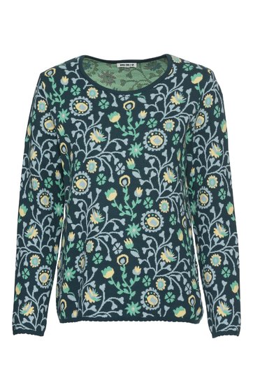 Dunkelgrüner Pullover mit floralem Muster in Grün, Gelb, Weiß, Rundhalsausschnitt, lange Ärmel, gerader Schnitt