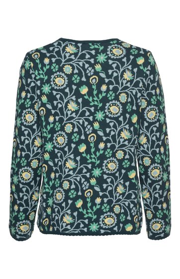 Langärmeliges Oberteil in dunklem Petrol mit floralem Muster in Hellgrün, Gelb und Weiß, Rundhalsausschnitt, gerade geschnittener Saum