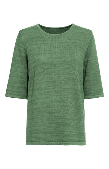 Grünes T-Shirt mit feinem Streifenmuster, Rundhalsausschnitt, halblangen Ärmeln, gerade geschnitten