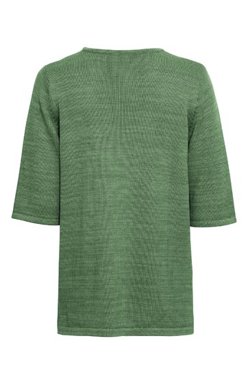 Olivgrünes T-Shirt, unifarben, Rundhalsausschnitt, halblange Ärmel, gerade geschnitten, ohne sichtbare Verzierungen